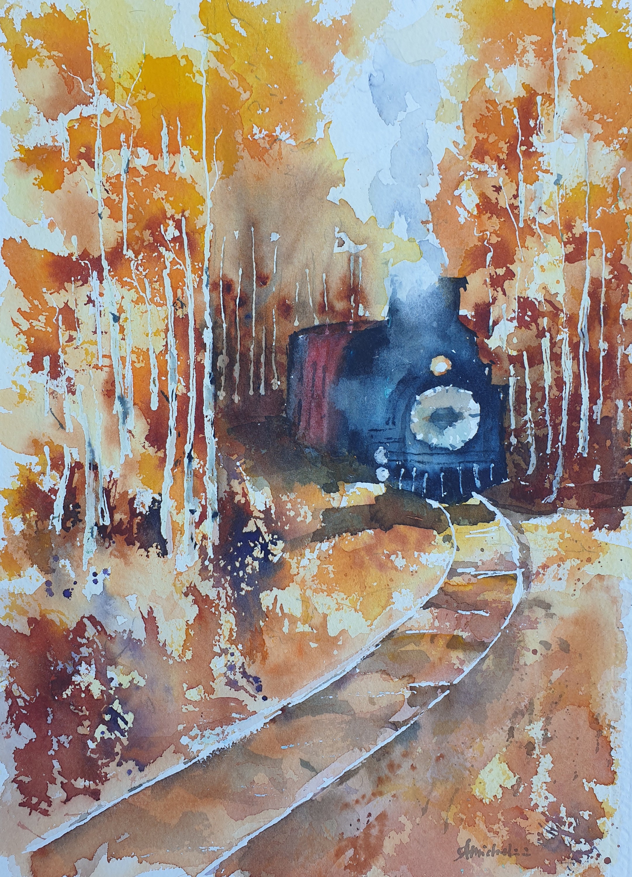 秋の蒸気機関車 オリジナル水彩画 秋の水彩画風景 蒸気機関車の風景 森