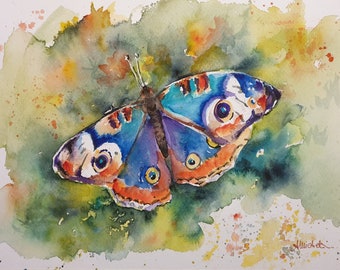 buckeye butterfly original watercolor painting, colorful butterfly home decor, blue butterflyart, gift for her, insect wall art, 9x13 inches