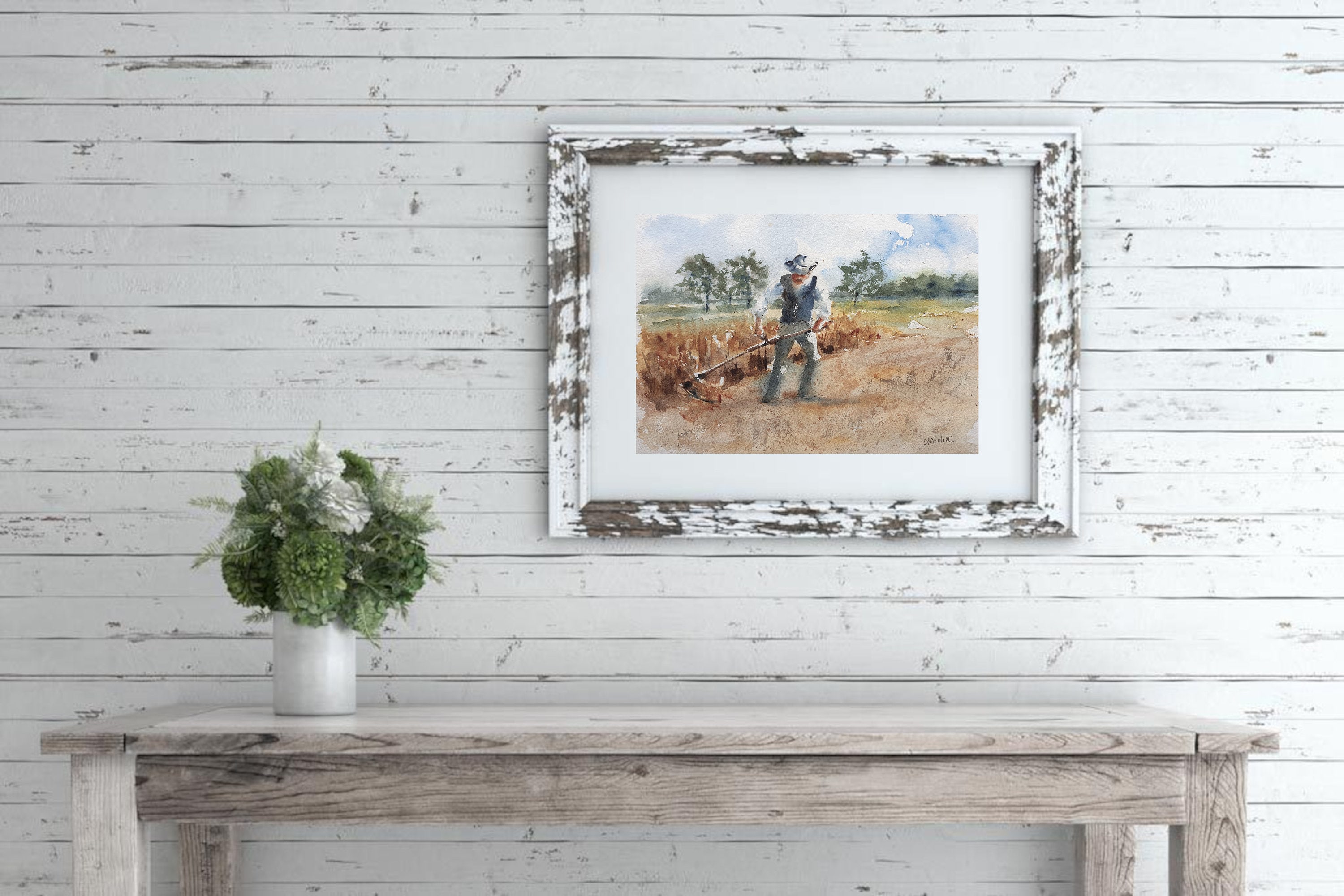 Farmer Working Fields Painting, Wheat Field Original Watercolor