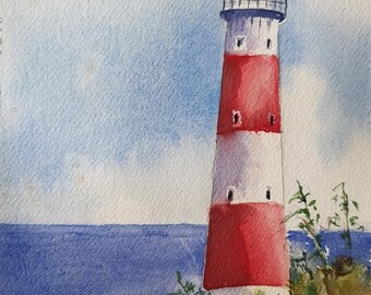 aquarelle originale de phare blanc rouge, peinture de paysage marin, art mural de phare de South Point Barbados, peinture nautique, sémaphore côtier