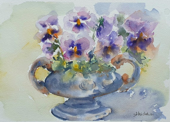 パンジーの鉢の水彩画、鉢の上のスミレの絵、紫色の花の壁飾り