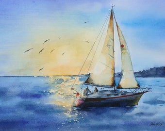 Peinture aquarelle de Sailboat Sunset, Peinture de bateau, Sunrise Sailboat Wall Art, Seascape Wall Art Décor, Peinture nautique 10x14 pouces