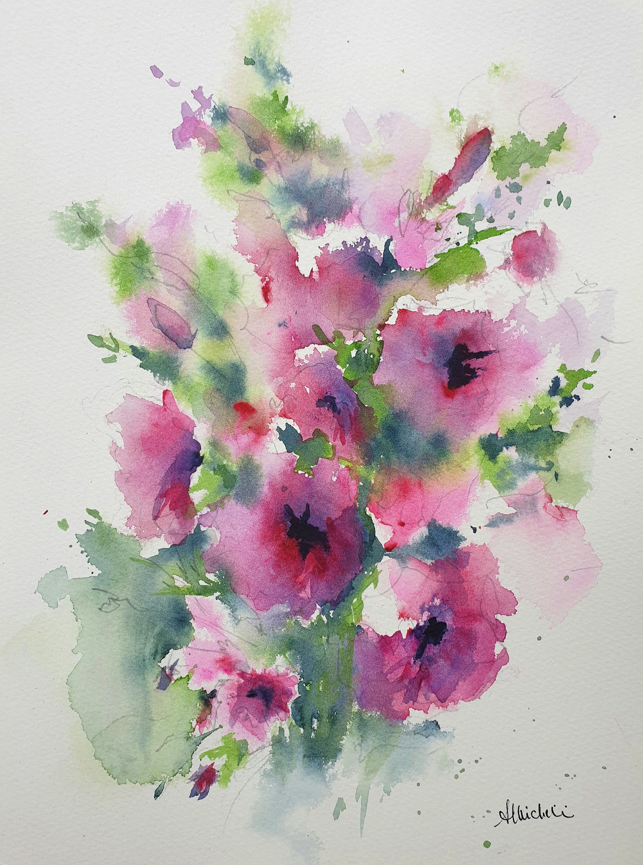 水彩画 花 ピンク系 ピンクの花のオリジナル水彩画、花束の絵画、花の花束のアート