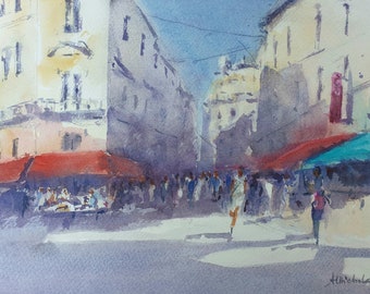 Paris cityscape original watercolor, Paris street view artwork, paris watercolor, France travel art gift, Paris cafe wall art, Paris bistrot