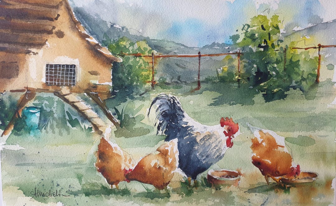 Hen and Rooster Original Watercolor Painting, Chickens Painting Wall ...