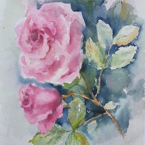 ピンクのバラのオリジナル水彩画、つぼみのあるバラの壁アート、バラの壁飾り、花の絵画のホームデコレーション、花のママアートギフト、小さな水彩画