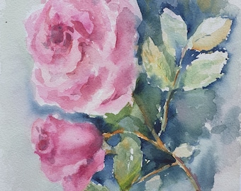pink roses original watercolor, rose with bud wall art, rose wall decor, flower painting home decor, floral mom art gift, small watercolor