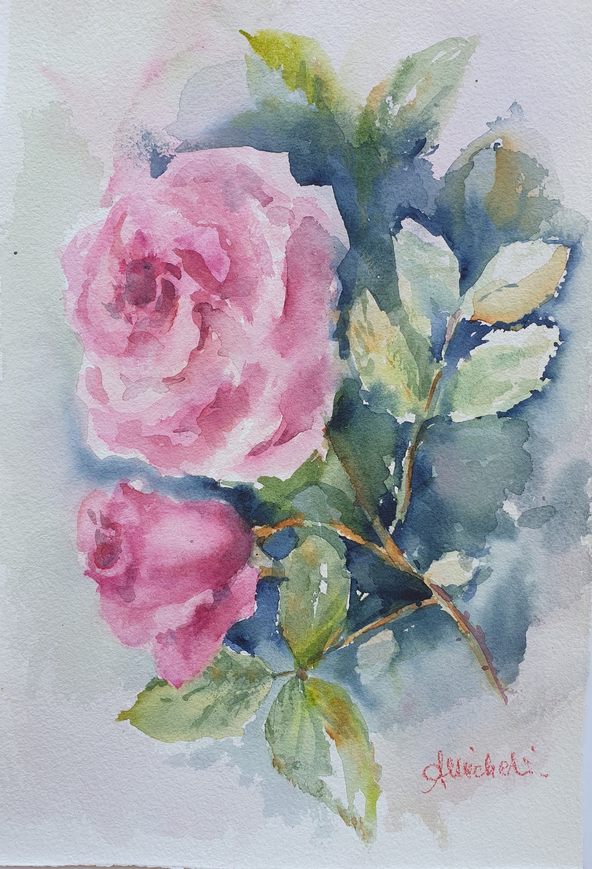Peinture Aquarelle Originale 'Roses' Par Victoria Shmelova - 25,4 X 24 Cm (10x9,44 Pouces) 2023