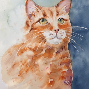 ginger cat portrait, ginger cat watercolor painting,pet painting, Original watercolor orange cat  9x12 inches