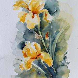 yellow iris watercolor, iris painting, yellow spring flowers art, bearded iris wall art