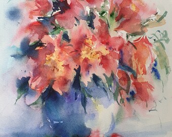 花瓶に入った赤い牡丹のオリジナル水彩画、牡丹の花瓶の壁飾り、赤い花