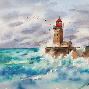 May include: A watercolor painting of a lighthouse on a rocky outcropping with crashing waves in the foreground. The sky is cloudy and there are birds flying overhead.