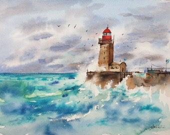 Phare de Fécamp aquarelle originale, phare dans la mer orageuse, France phare décoration intérieure, art nautique mur Normandie phare œuvre d’art