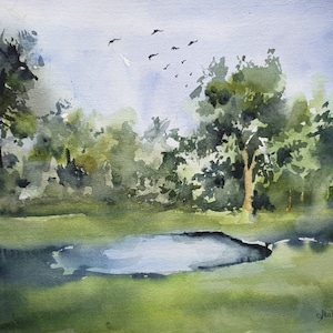 green forest landscape original watercolor, lake in the forest painting, trees by the pond artwork, small lake with trees wall art.