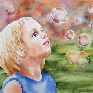 little girl soap bubbles watercolor, soap bubbles original painting, blowing soap artwork, countryside baby girl art, nursery wall decor image 5