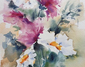 white and pink bunch of flowers original watercolor, loose floral artwork, original painting of bunch of flowers, meadow flowers wall art
