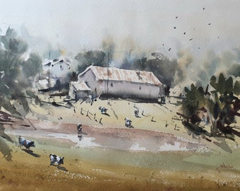 grazing cows original watercolor, grazing cattle in the meadow wall decor, farmhouse cows artwork, farmhouse art gift,cows farm original art