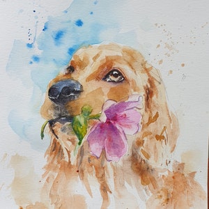 ritratto ad acquerello originale retriver dorato, cane con arte della parete del fiore, regalo commemorativo perdita di opere d'arte gloden retriver, ritratto di cane dolce