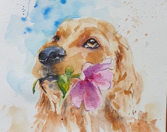 golden Retriver original watercolor portrait, dog with flower wall art, memorial gift loss of gloden retriver artwork,  sweet dog portrait