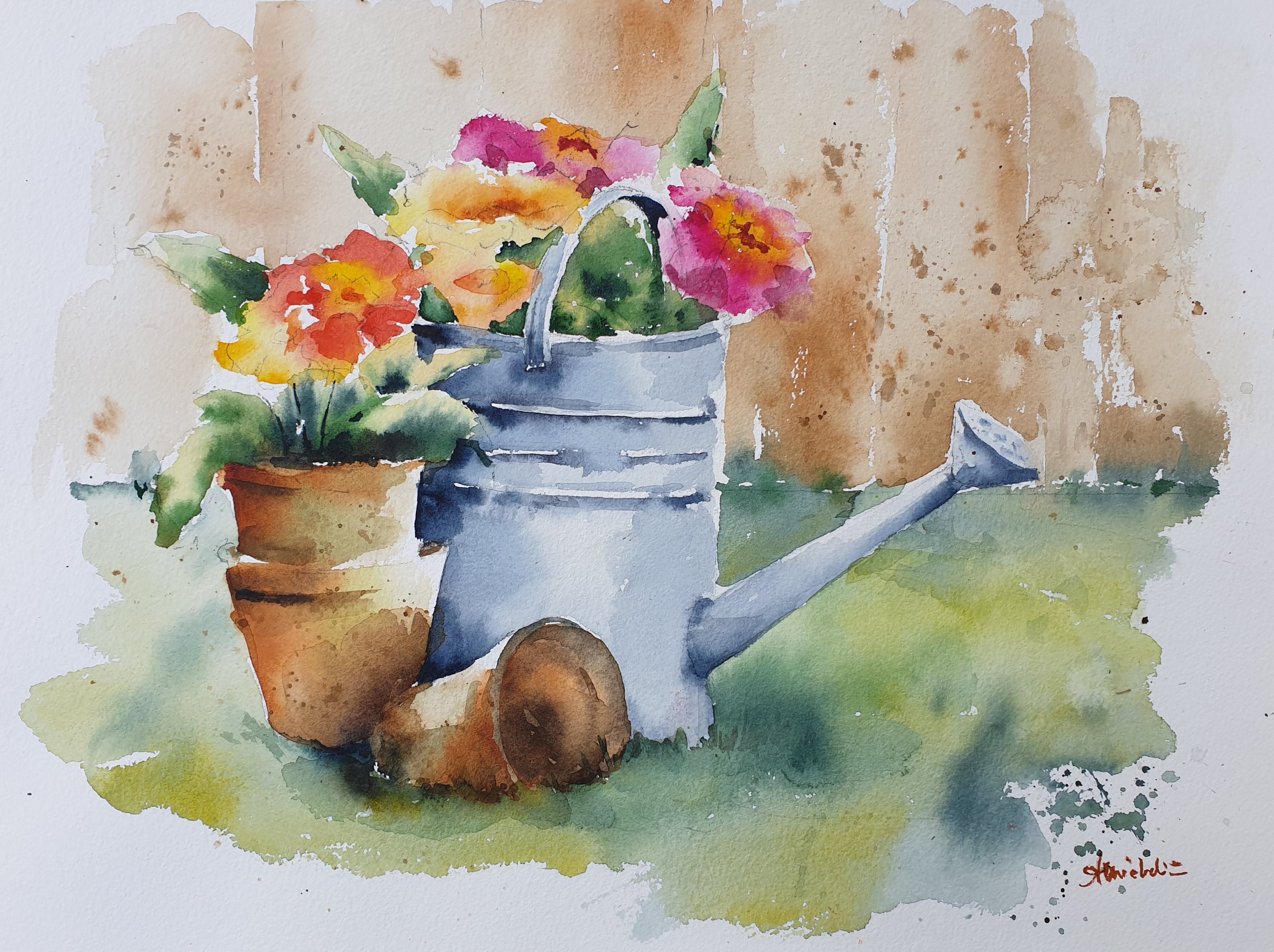 Watering Can Original Watercolor, Primroses in Watering Can Artwrk