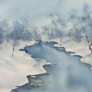 winter trees original art, frozen river painting, winter blue trees landscape, iced river ORIGINAL painting,woodland winter trees 10x14