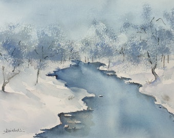 冬の風景 オリジナル水彩画 冬の水彩画 雪景色 木々 凍った川 - Etsy 日本