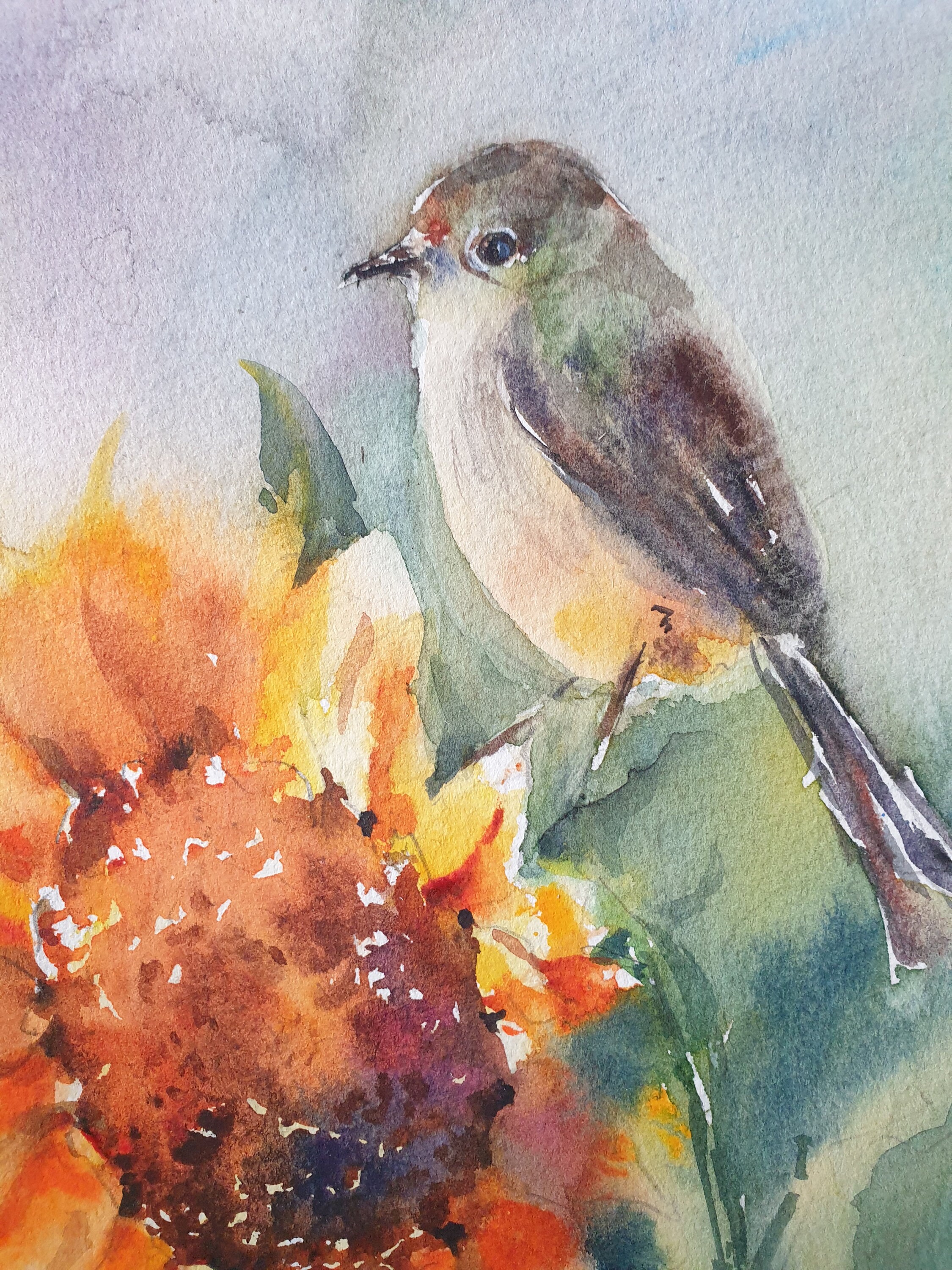 ひまわりに鳥の絵、ひまわりの水彩画、ひまわりに鳥の水彩画