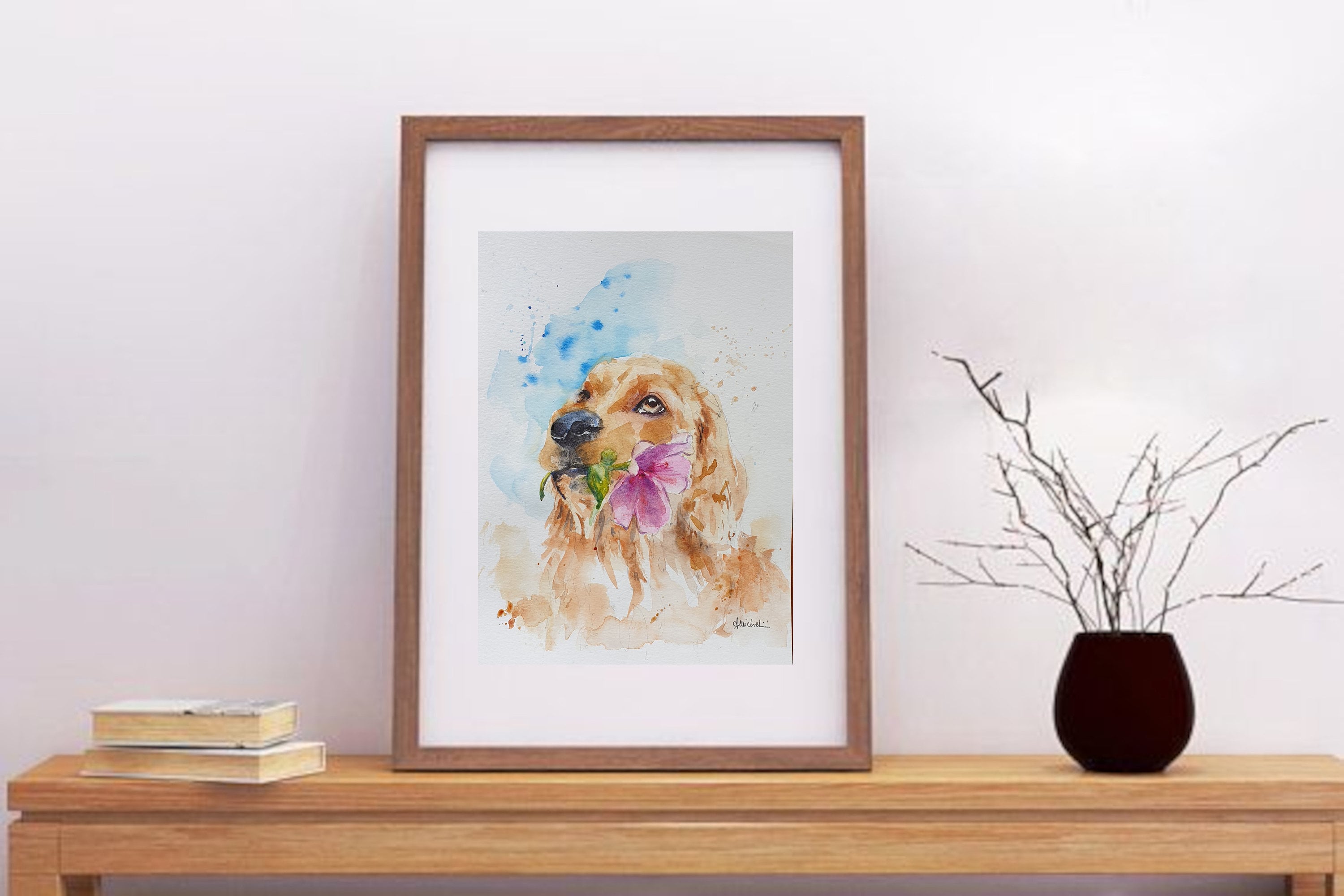 ゴールデン レトリバーのオリジナル水彩画肖像画、花をつけた犬の壁画