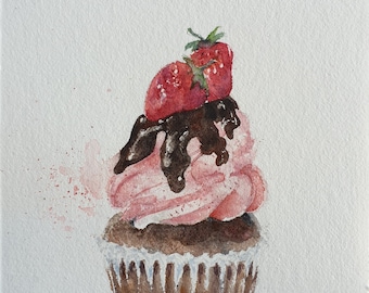 watercolor cupcake painting, strawberry and chocolate cupcake painting, shortcake painting, kitchen decor watercolor painting 11x7inches