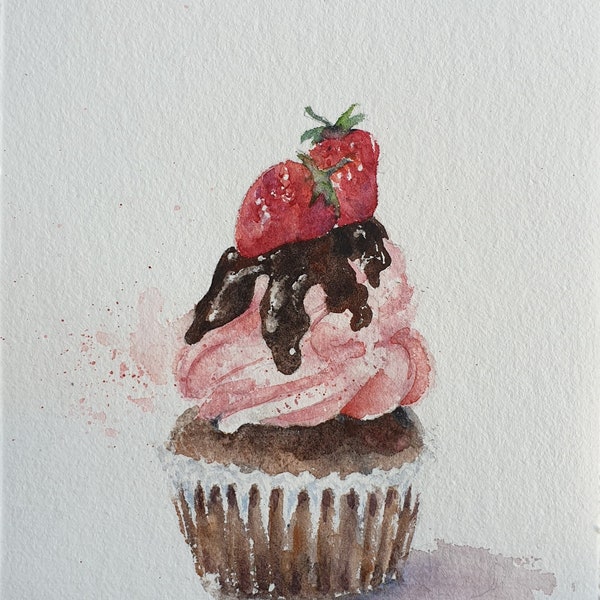 peinture de cupcake à l’aquarelle, peinture de cupcake à la fraise et au chocolat, peinture de gâteau court, peinture à l’aquarelle de décor de cuisine 11x7inches