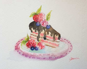 Kuchen original Aquarell kleine Malerei, Süßigkeiten Stück Kuchen 15x20cm