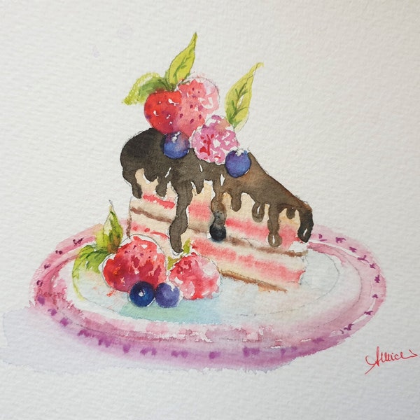 CAKE aquarelle originale petite peinture, décor mur de cuisine de bonbons, tranche d’art de mur d’aquarelle de gâteau, morceau de peinture de gâteau 6x8 pouces