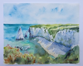 Aquarelle originale d'Etretat, peinture de côte d'albâtre, art de paysage de falaises de Normandie, falaises au paysage marin d'Etretat, oeuvre côtière de Normandie