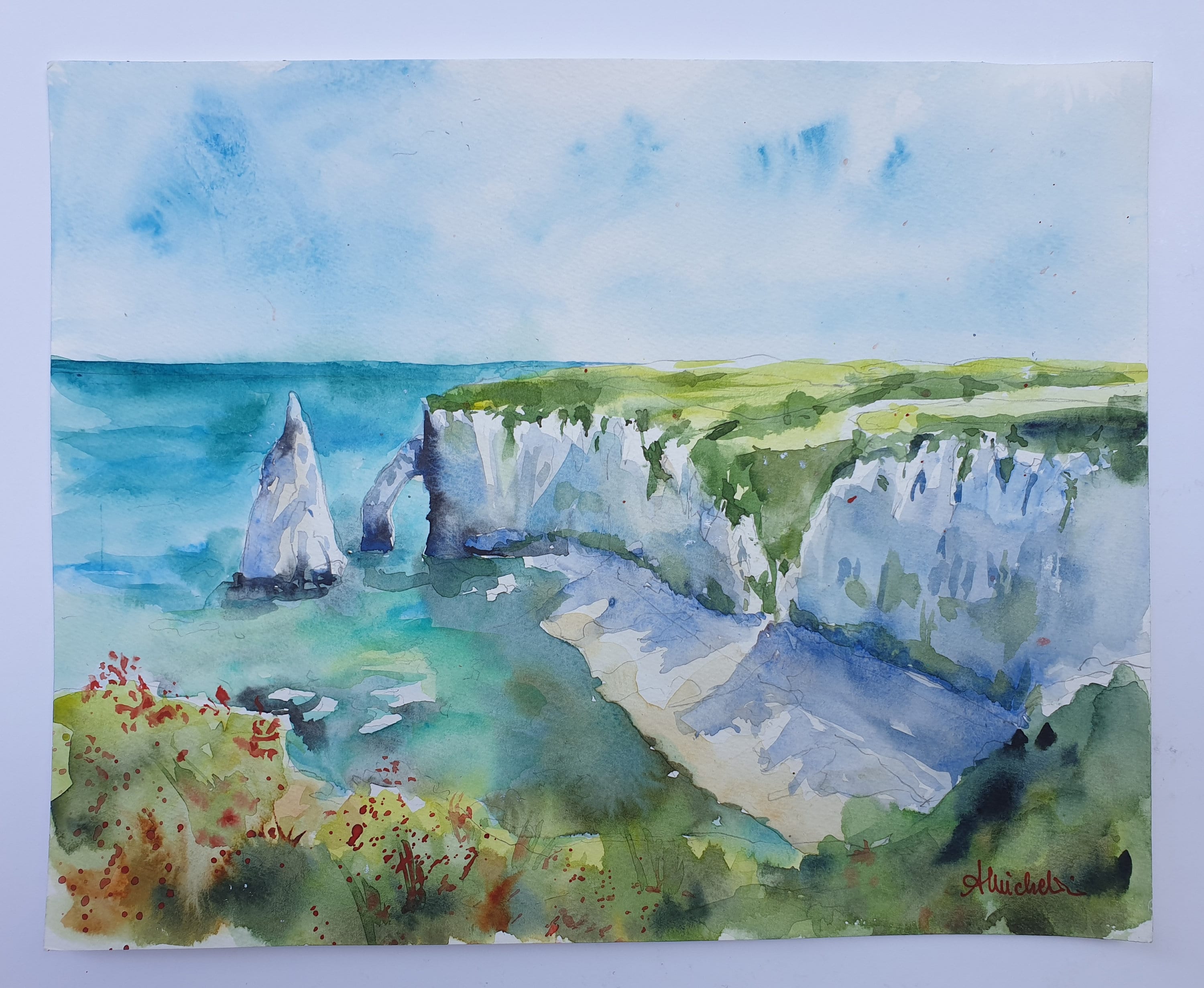 エトルタのオリジナル水彩画、アラバスター海岸の絵画、ノルマンディー