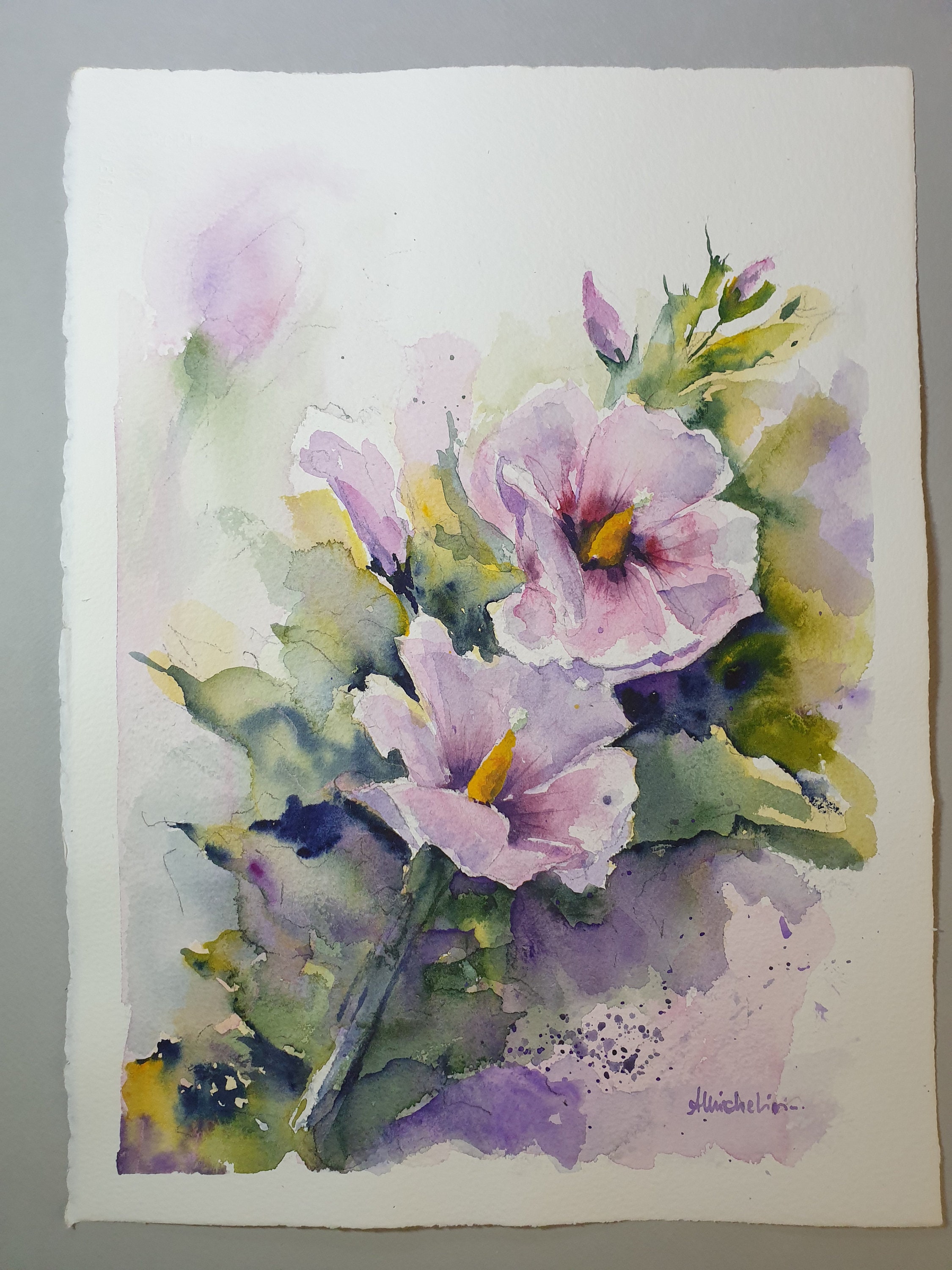ハイビスカスの花のオリジナル水彩画、ピンクの花の絵、庭の花の壁掛け