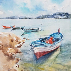 Boat Original Watercolor Nautical Home Decor Old Wooden Boat Artwork ...