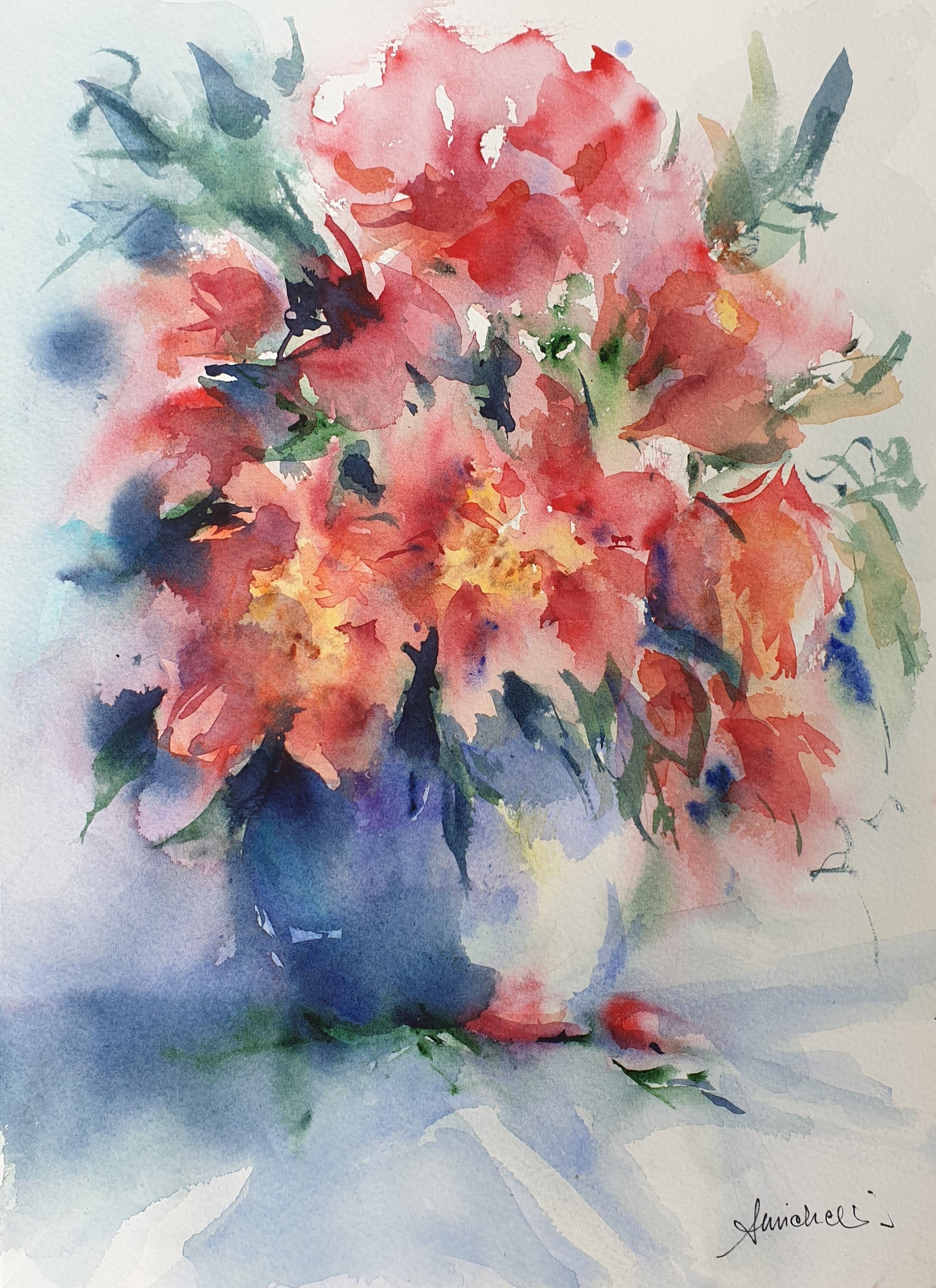 花瓶に入った赤い牡丹のオリジナル水彩画、牡丹の花瓶の壁飾り、赤い花