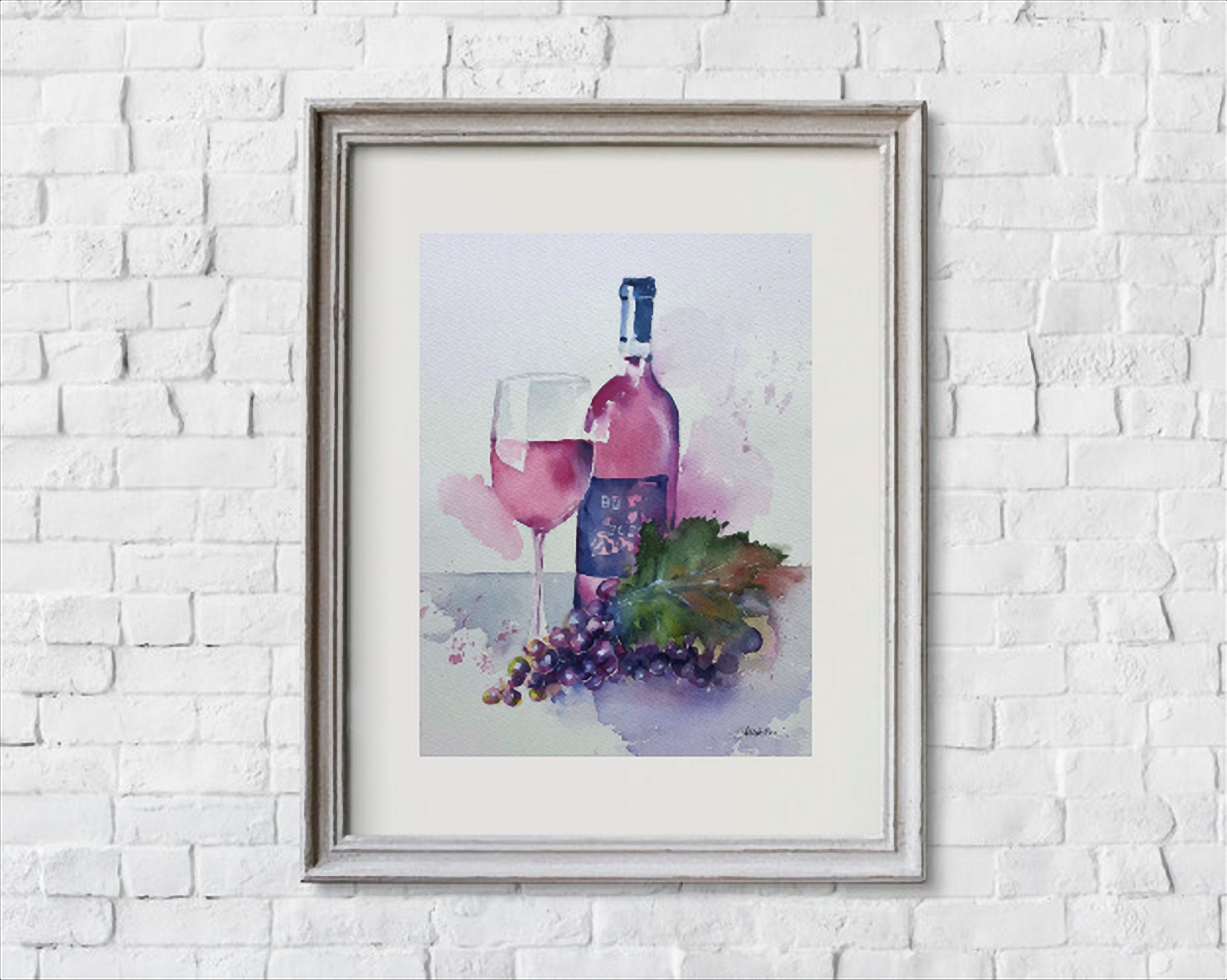 赤ワインのオリジナル水彩画、ワイングラスとボトルのオリジナル 赤ワインのオリジナル水彩画、ワイングラスとボトルのオリジナル