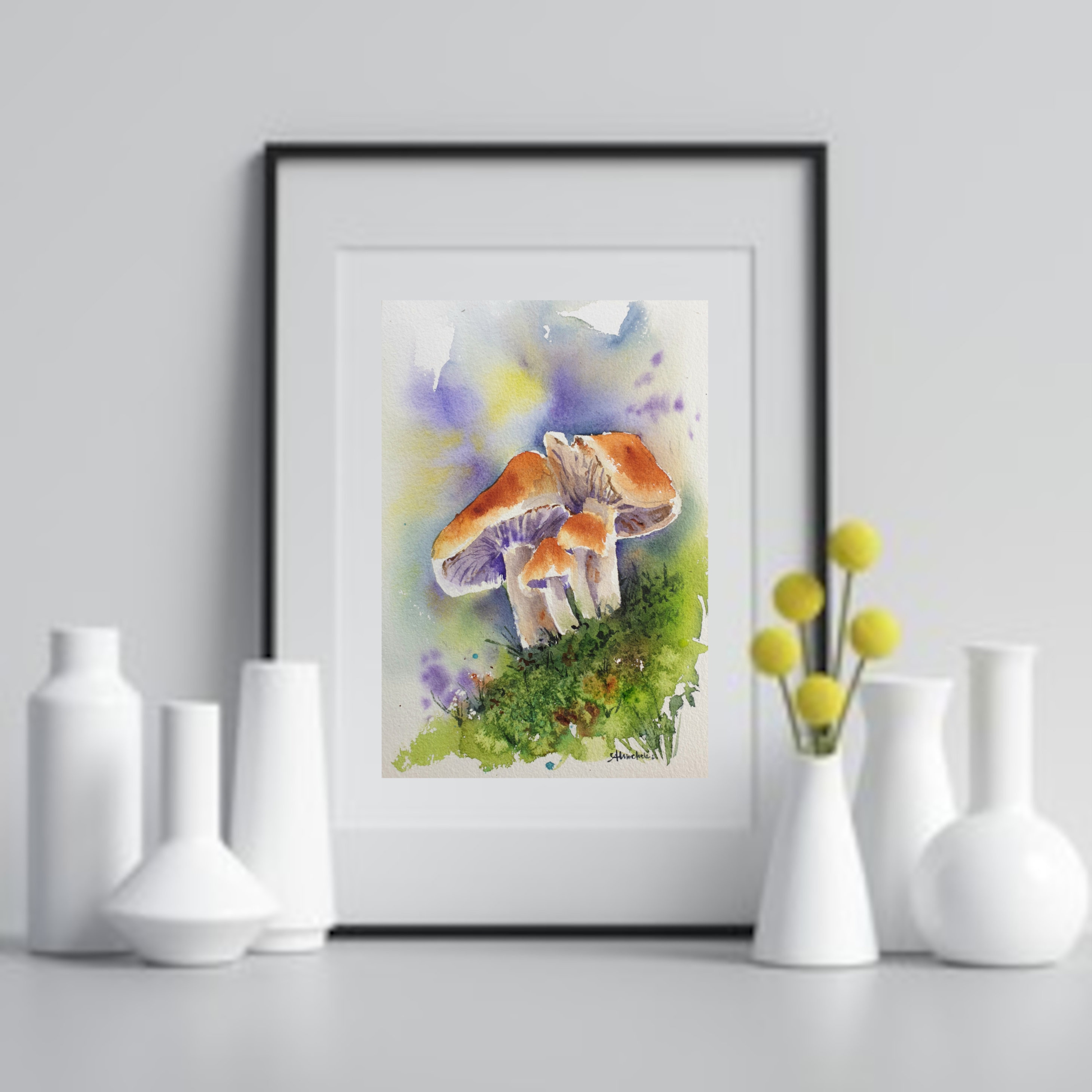 キノコのオリジナル水彩画、菌類の絵画、キッチンの壁の装飾、キノコの