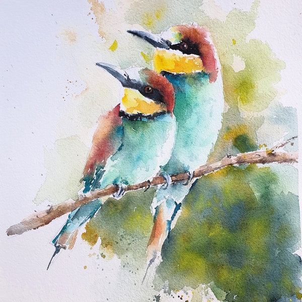 Bee eater birds original watercolor Colorful birds wall art Couple of european bee-eater painting Meropidae birds artwork Green birds art