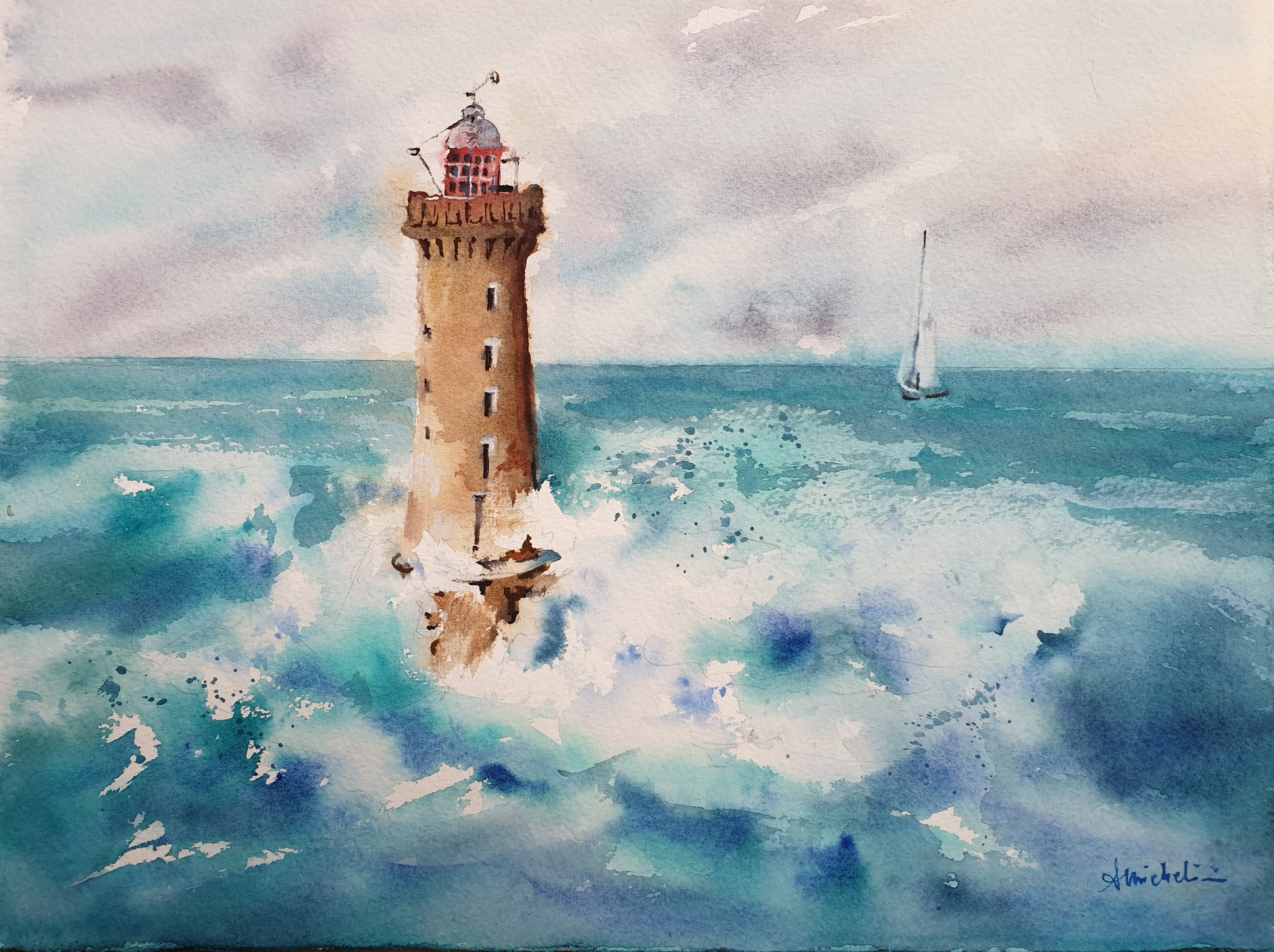 フランスのウェサン島の灯台オリジナル水彩画、海をイメージした壁