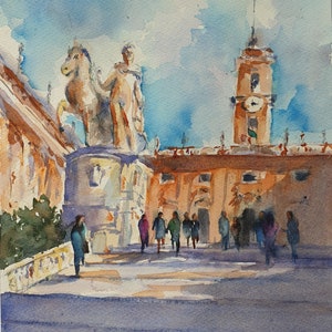 Roma Cordonata Camidoglio Acquerello originale, Roma Campidoglio dipinto, Roma antica scalinata decorazione murale, Roma architettura