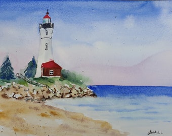 Leuchtturm Aquarell, Missouri Crisp Point Malerei, Leuchtturm original Aquarell, Seelandschaft 9,4x12,5 Zoll 24 x 32 cm