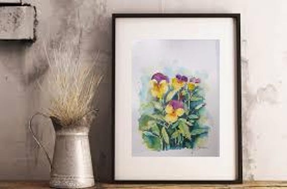 オリジナルパンジー水彩画、花柄ウォールアート（11×14.5インチ