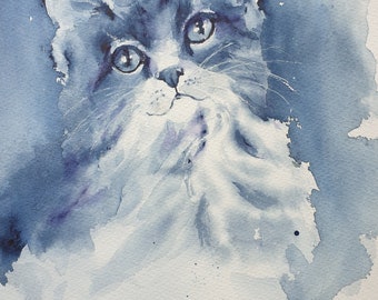 水墨画『青い目の猫』 青い猫のオリジナル水彩画、かわいい青い子猫の絵、青い目の猫のアート