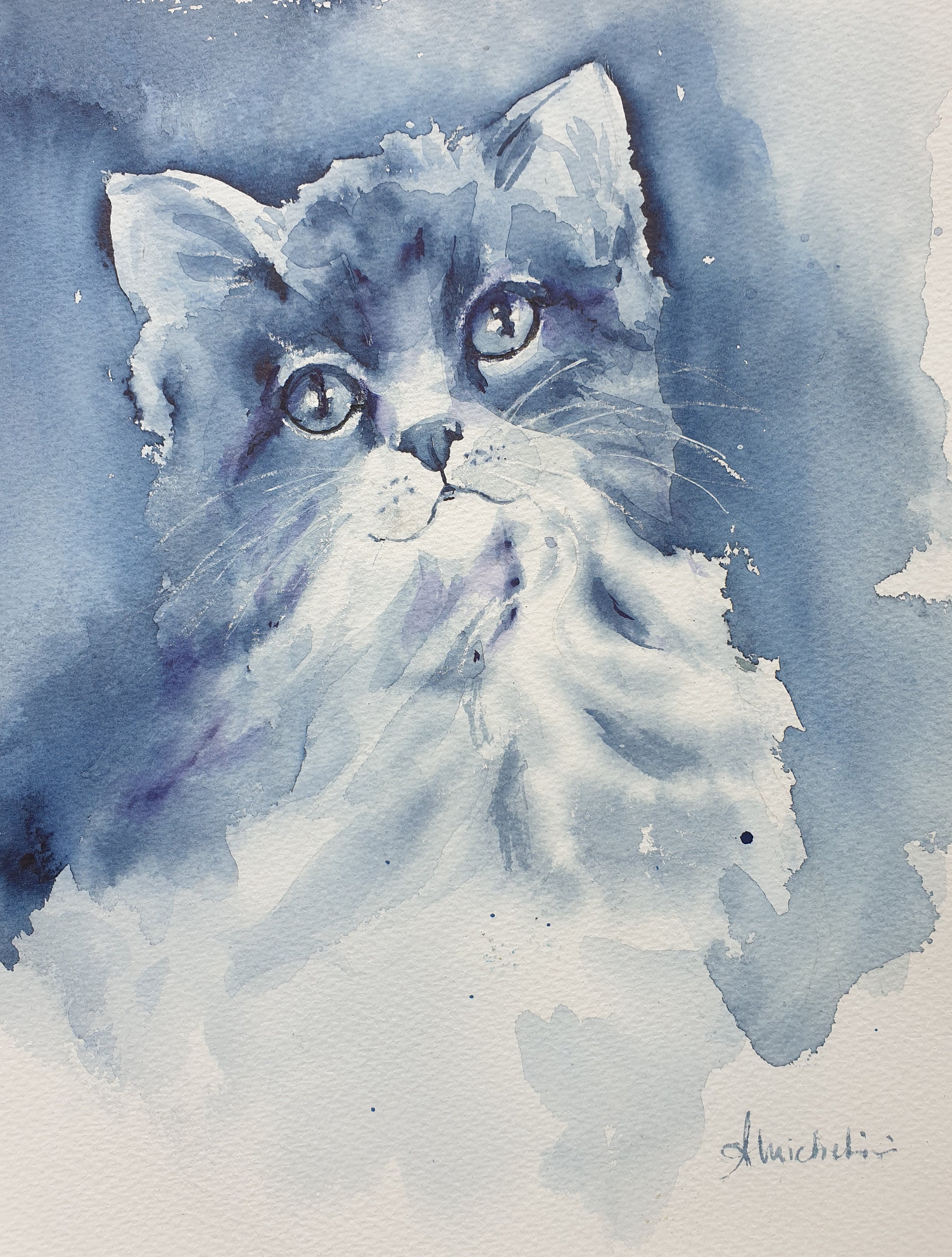 水墨画『青い目の猫』 青い猫のオリジナル水彩画、かわいい青い子猫の絵、青い目の猫のアート