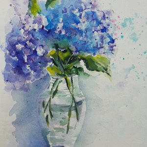 blue hydrangea original watercolor, hydrangea painting, vase with hydrangea wall art, watercolor of hydrangea wall decor, blue flowers vase