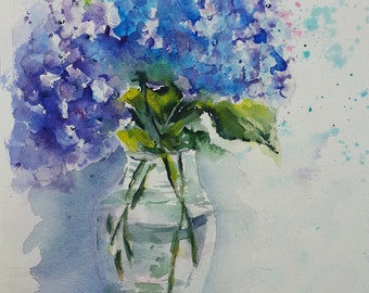 blue hydrangea original watercolor, hydrangea painting, vase with hydrangea wall art, watercolor of hydrangea wall decor, blue flowers vase