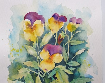 パンジーのオリジナル水彩画、パンジーの花の絵、パンジーの花のアート