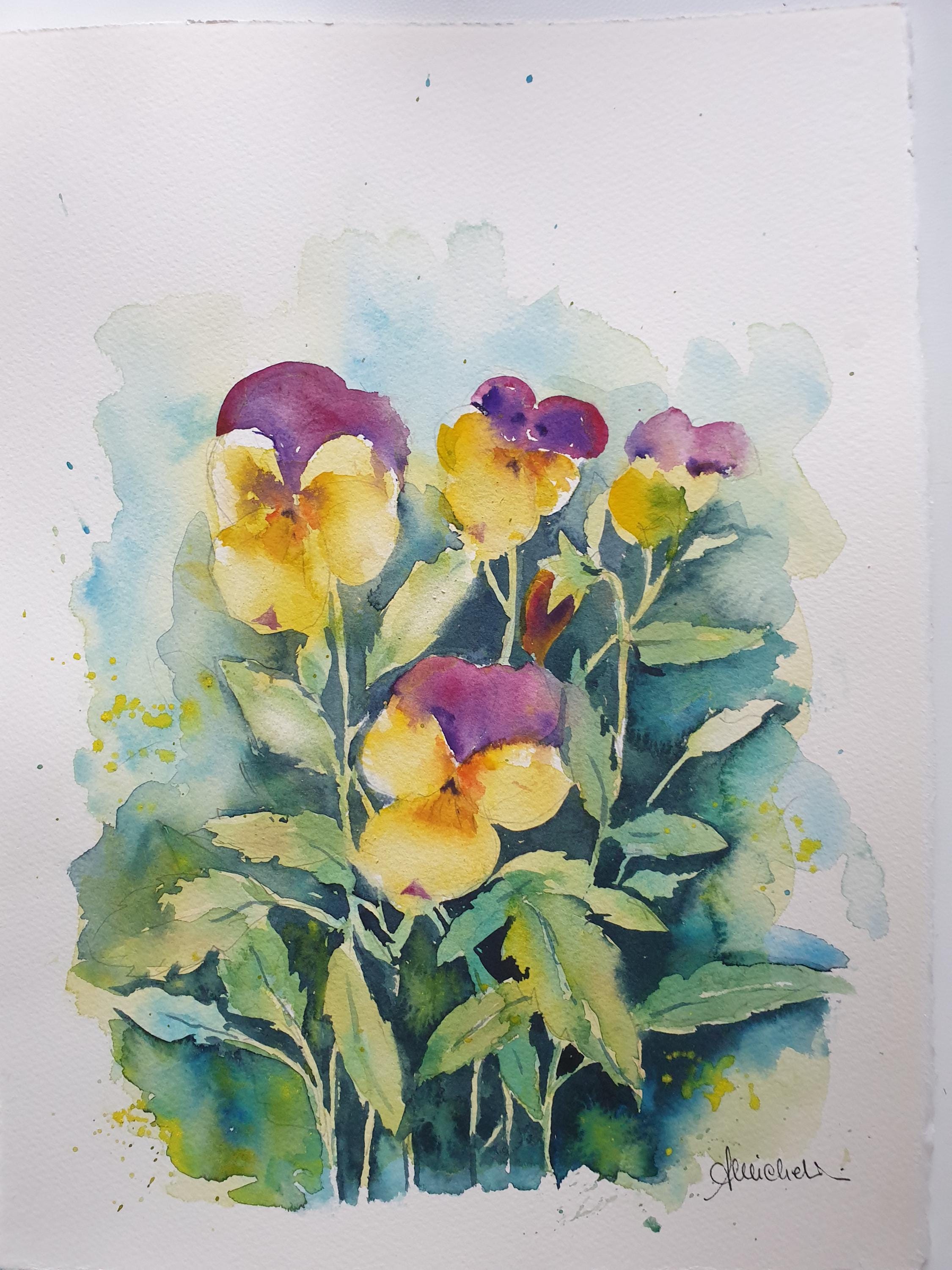 パンジーのオリジナル水彩画、パンジーの花の絵、パンジーの花のアート